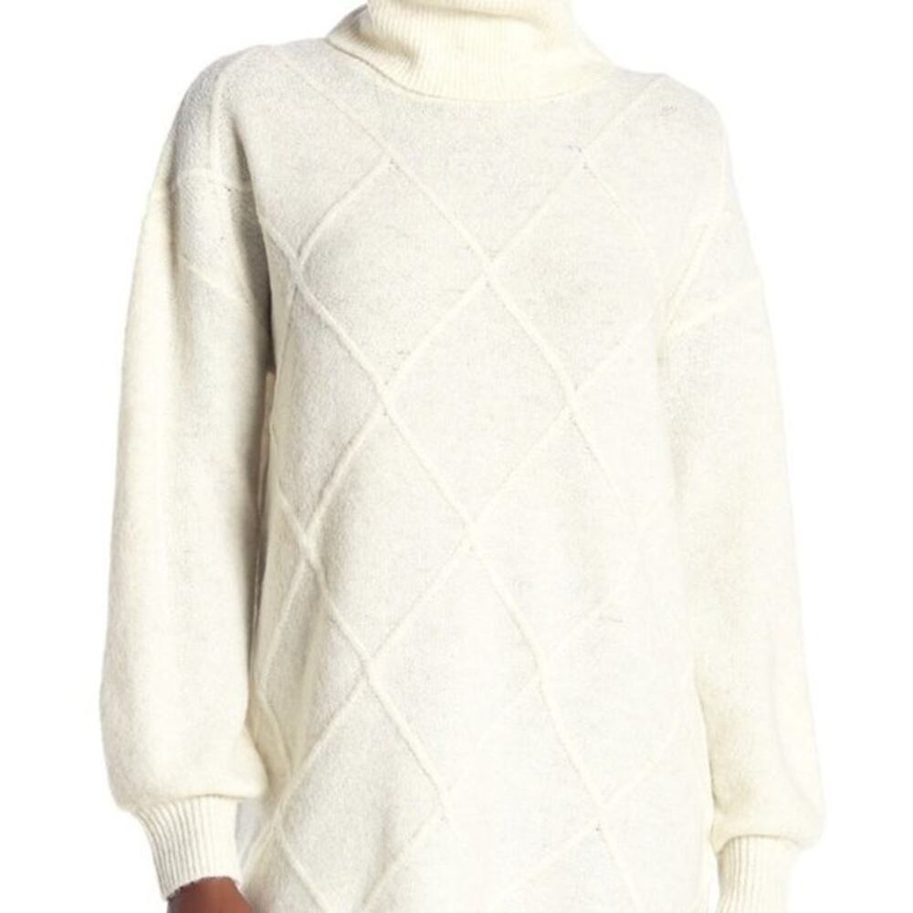 14th & Union Cozy Cable Turtleneck Tunic Sweater Long Sleeves Ivory Size Large